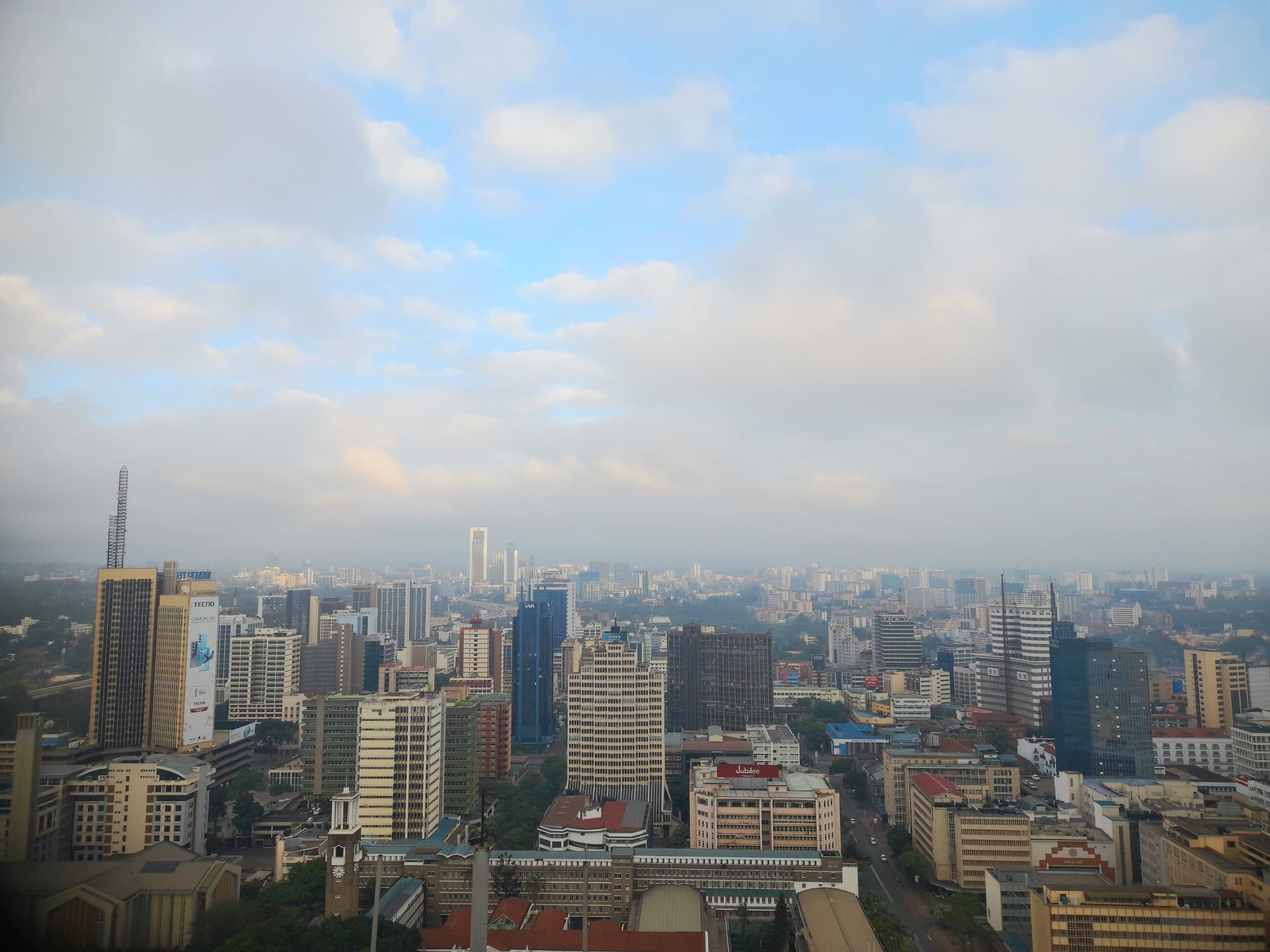 Nairobi's central business district and modern skyline viewed at dawn